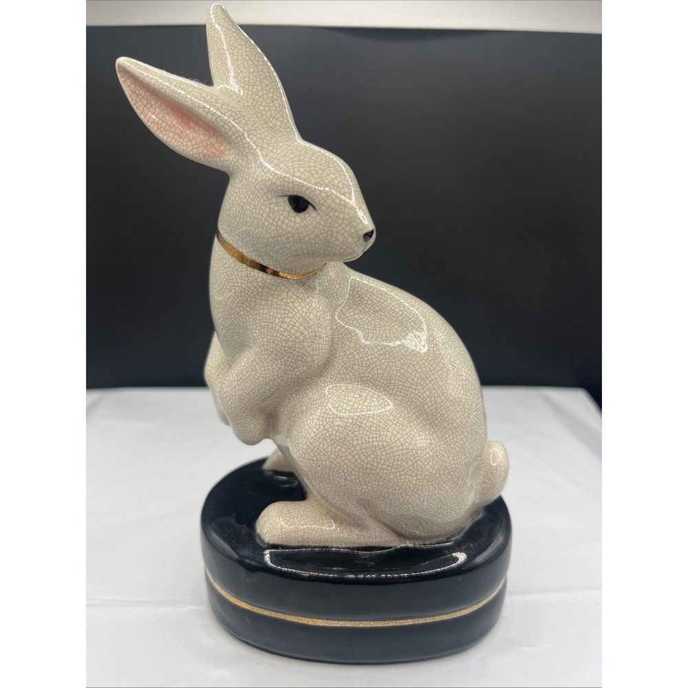 VTG Takahashi Japan Ceramic Rabbit Figurine Bookend Crackle Glaze Gold Stopper